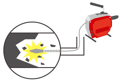 先端にブラシが付いたワイヤーを内部に差し込んだ後、ヘッドを回転させて内部の詰まりや汚れを取り除いていきます。